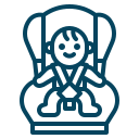 Icon of a baby in a car seat, symbolizing safety and comfort for family car rentals.